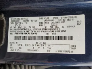 2019 Ford F-150 XL with VIN 1FTEW1E55KFC10642, listed as a Copart auction lot 62811755 with 128,286 mi miles and Salvage title. Bid and sale history available at DreamBid. Image 12.