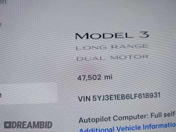 2020 Tesla Model 3 Long Range with VIN 5YJ3E1EB6LF618931, listed as a IAAI auction lot 41867451 with 47,502 mi miles and . Bid and sale history available at DreamBid. Image 15.
