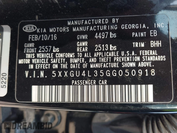 2016 Kia Optima EX with VIN 5XXGU4L35GG050918, listed as a IAAI auction lot 42687792 with 86,613 mi miles and . Bid and sale history available at DreamBid. Image 9.