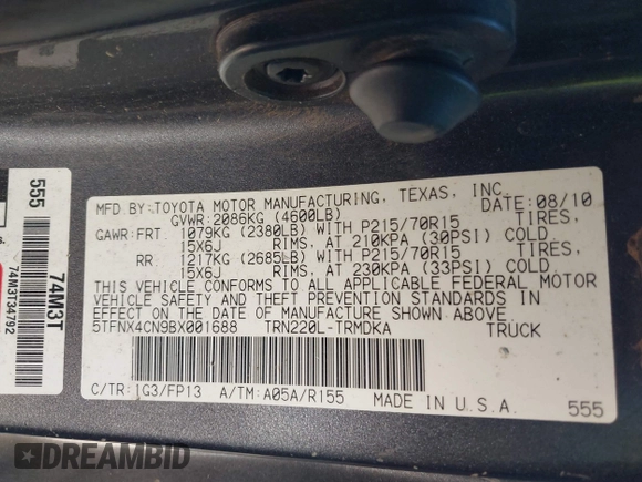 2011 Toyota Tacoma with VIN 5TFNX4CN9BX001688, listed as a IAAI auction lot 41668398 with 138,014 mi miles and . Bid and sale history available at DreamBid. Image 9.