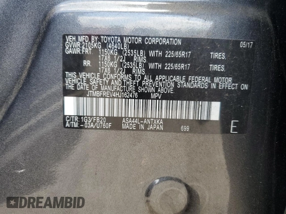 2017 Toyota RAV4 LE with VIN JTMBFREV4HJ162476, listed as a Copart auction lot 64961385 with 38,320 mi miles and Salvage title. Bid and sale history available at DreamBid. Image 12.