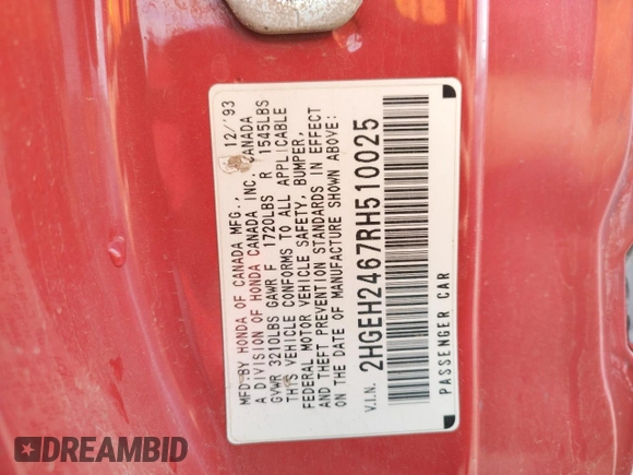 1994 Honda Civic z VIN 2HGEH2467RH510025, wystawiony jako Copart lot #80695724 z przebiegiem 231 277 mil mil oraz Szkoda całkowita • Salvage title. Historia ofert i sprzedaży dostępna na DreamBid. Obrazek 12.
