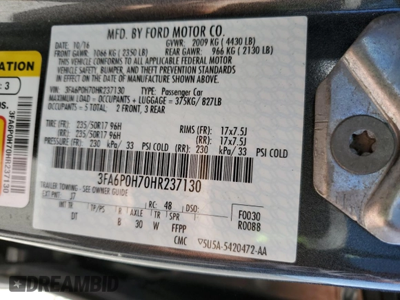 2017 Ford Fusion SE with VIN 3FA6P0H70HR237130, listed as a Copart auction lot 53116645 with 101,085 mi miles and Salvage Title. Bid and sale history available at DreamBid. Image 14.