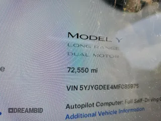 2021 Tesla Model Y Long Range z VIN 5YJYGDEE4MF085975, wystawiony jako Copart lot #58838485 z przebiegiem 72 550 mil mil oraz Szkoda całkowita • Salvage title. Historia ofert i sprzedaży dostępna na DreamBid. Obrazek 9.