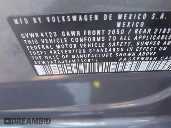 2015 Volkswagen Jetta S with VIN 3VW1K7AJ3FM230617, listed as a IAAI auction lot 41414621 with 91,888 mi miles and . Bid and sale history available at DreamBid. Image 9.