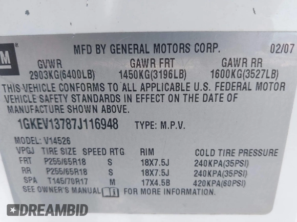 2007 GMC Acadia SLE with VIN 1GKEV13787J116948, listed as a IAAI auction lot 41329253 with 200,994 mi miles and . Bid and sale history available at DreamBid. Image 9.
