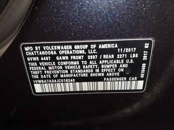 2018 Volkswagen Passat SE z VIN 1VWBA7A34JC016240, wystawiony jako IAAI lot #42339094 z przebiegiem 88 969 mil mil oraz . Historia ofert i sprzedaży dostępna na DreamBid. Obrazek 9.