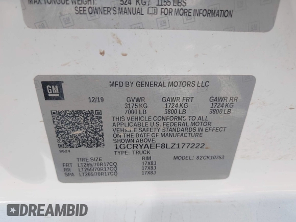 2020 Chevrolet Silverado 1500 Work Truck with VIN 1GCRYAEF8LZ177222, listed as a IAAI auction lot 42223656 with 60,695 mi miles and . Bid and sale history available at DreamBid. Image 9.
