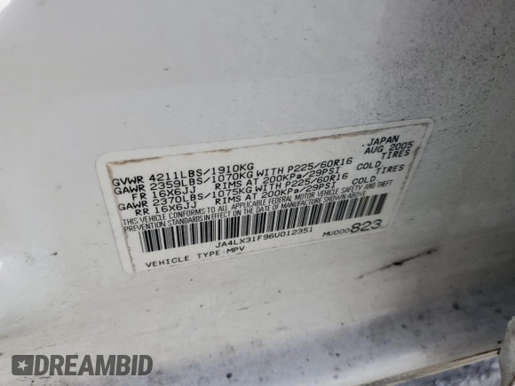 2006 Mitsubishi Outlander LS with VIN JA4LX31F96U012351, listed as a Copart auction lot 50934165 with 150,372 mi miles and Salvage Title. Bid and sale history available at carsss.com. Image 13.