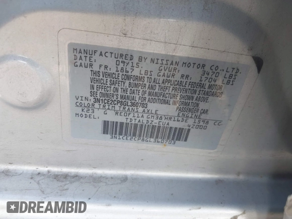 2016 Nissan Note SV with VIN 3N1CE2CP8GL360703, listed as a IAAI auction lot 42096483 with 126,861 mi miles and . Bid and sale history available at DreamBid. Image 9.