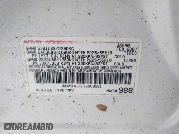 2007 Mitsubishi Outlander XLS z VIN JA4MT41X17Z009981, wystawiony jako IAAI lot #42198456 z przebiegiem 108 947 mil mil oraz . Historia ofert i sprzedaży dostępna na DreamBid. Obrazek 9.