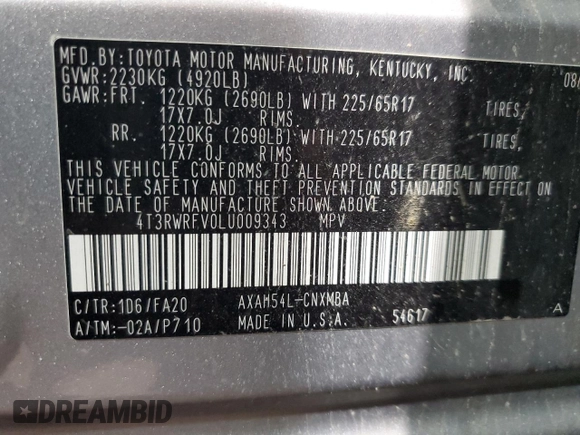 2020 Toyota RAV4 Hybrid XLE with VIN 4T3RWRFV0LU009343, listed as a Copart auction lot 59850075 with 68,768 mi miles and Salvage title. Bid and sale history available at DreamBid. Image 14.