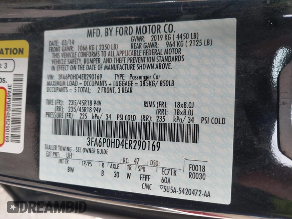 2014 Ford Fusion SE with VIN 3FA6P0HD4ER290169, listed as a IAAI auction lot 41881889 with 124,777 mi miles. Bid and sale history available at carsss.com. Image 9.