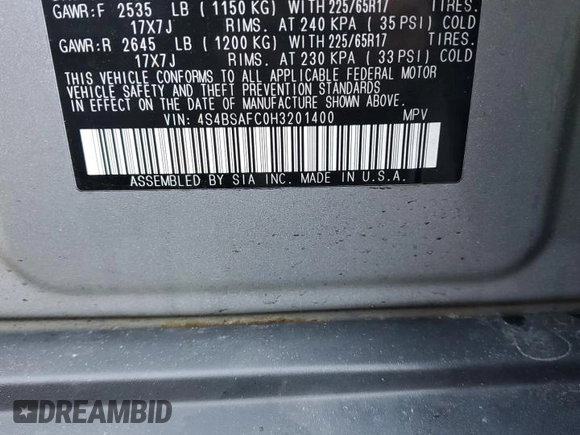 2017 Subaru Outback Premium with VIN 4S4BSAFC0H3201400, listed as a Copart auction lot 51944554 with 65,520 mi miles and Salvage title. Bid and sale history available at DreamBid. Image 13.