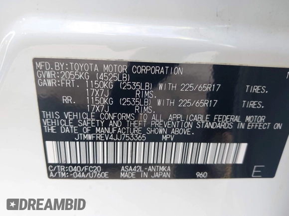 2018 Toyota RAV4 XLE with VIN JTMWFREV4JJ753365, listed as a IAAI auction lot 42550177 with 42,607 mi miles and . Bid and sale history available at DreamBid. Image 9.