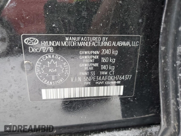 2019 Hyundai Sonata SEL with VIN 5NPE34AF0KH764377, listed as a Copart auction lot 41577035 with 120,134 mi miles and Salvage Title. Bid and sale history available at DreamBid. Image 13.