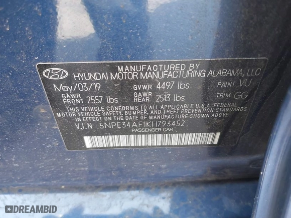2019 Hyundai Sonata Sport with VIN 5NPE34AF1KH793452, listed as a IAAI auction lot 41924239 with 86,102 mi miles. Bid and sale history available at carsss.com. Image 9.