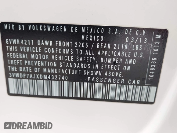 2013 Volkswagen Jetta SE with VIN 3VWDP7AJXDM432740, listed as a IAAI auction lot 42569834 with 118,659 mi miles and . Bid and sale history available at DreamBid. Image 9.