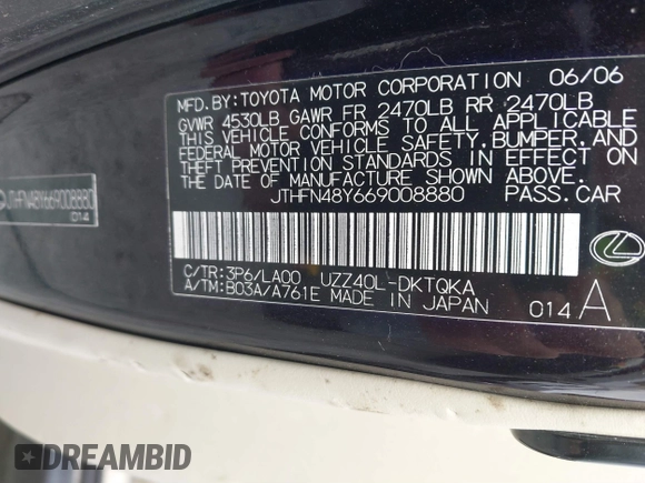 2006 Lexus SC 430 с VIN JTHFN48Y669008880, выставлен на аукционе IAAI как лот 41186911 с пробегом Не указан миль и . История ставок и продаж доступна на DreamBid. Изображение 9.