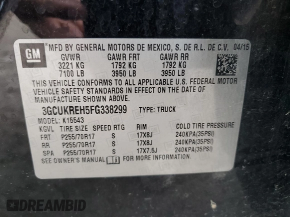 2015 Chevrolet Silverado 1500 LT with VIN 3GCUKREH5FG338299, listed as a Copart auction lot 50683905 with 184,974 mi miles and Salvage Title. Bid and sale history available at DreamBid. Image 12.