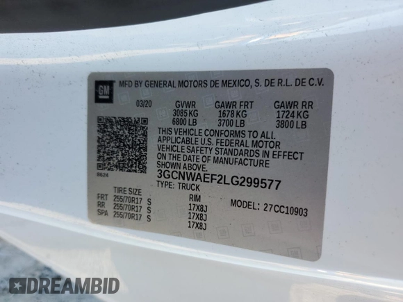 2020 Chevrolet Silverado 1500 Work Truck with VIN 3GCNWAEF2LG299577, listed as a Copart auction lot 43903285 with 139,782 mi miles and Salvage Title. Bid and sale history available at DreamBid. Image 13.