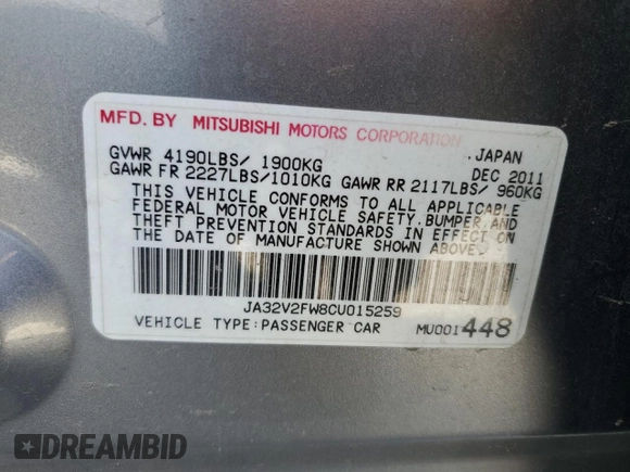 2012 Mitsubishi Lancer SE with VIN JA32V2FW8CU015259, listed as a Copart auction lot 43450725 with 139,701 mi miles and Salvage Title. Bid and sale history available at DreamBid. Image 14.