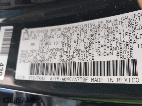 2011 Toyota Tacoma with VIN 3TMLU4EN9BM069511, listed as a IAAI auction lot 41982776 with 126,948 mi miles and . Bid and sale history available at DreamBid. Image 9.