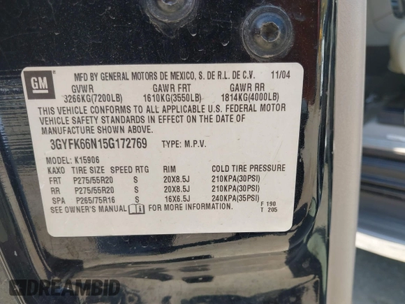 2005 Cadillac Escalade ESV z VIN 3GYFK66N15G172769, wystawiony jako IAAI lot #39249998 z przebiegiem 228 569 mil mil oraz . Historia ofert i sprzedaży dostępna na DreamBid. Obrazek 9.