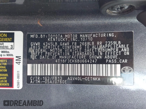 2011 Toyota Camry LE z VIN 4T1BF3EK6BU664247, wystawiony jako IAAI lot #42298606 z przebiegiem Nie podano mil oraz . Historia ofert i sprzedaży dostępna na DreamBid. Obrazek 9.