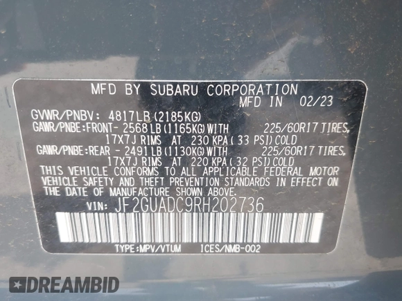 2024 Subaru Crosstrek Premium with VIN JF2GUADC9RH202736, listed as a IAAI auction lot 42735432 with 7,100 mi miles and . Bid and sale history available at DreamBid. Image 9.