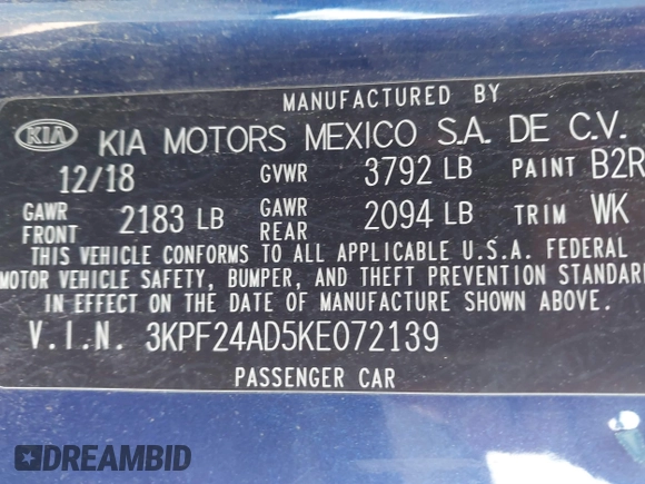 2019 Kia Forte LXS with VIN 3KPF24AD5KE072139, listed as a IAAI auction lot 41812180 with 128,434 mi miles and . Bid and sale history available at carsss.com. Image 9.