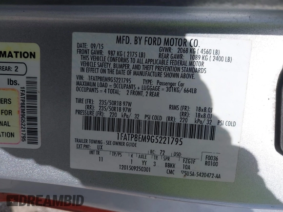 2016 Ford Mustang V6 with VIN 1FATP8EM9G5221795, listed as a IAAI auction lot 42500647 with 125,645 mi miles and . Bid and sale history available at DreamBid. Image 9.