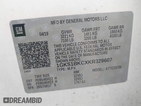 2019 GMC Yukon SLT with VIN 1GKS1BKCXKR329607, listed as a IAAI auction lot 41188239 with 84,940 mi miles. Bid and sale history available at carsss.com. Image 9.