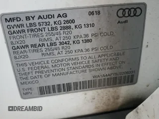 2018 Audi SQ5 Premium Plus with VIN WA1A4AFY9J2209331, listed as a Copart auction lot 68741054 with 86,407 mi miles and Salvage Title. Bid and sale history available at DreamBid. Image 13.