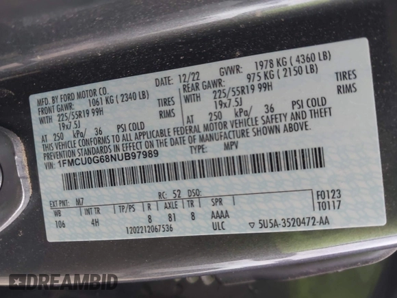 2022 Ford Escape SE z VIN 1FMCU0G68NUB97989, wystawiony jako IAAI lot #41954622 z przebiegiem Nie podano mil oraz . Historia ofert i sprzedaży dostępna na DreamBid. Obrazek 9.