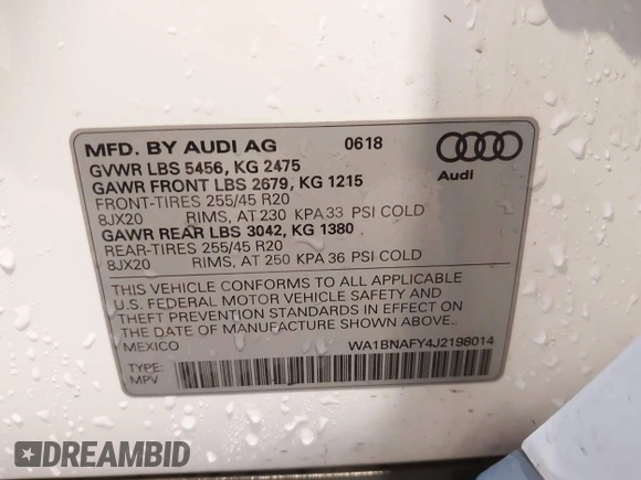 2018 Audi Q5 Premium Plus with VIN WA1BNAFY4J2198014, listed as a IAAI auction lot 41888388 with 141,924 mi miles. Bid and sale history available at carsss.com. Image 9.