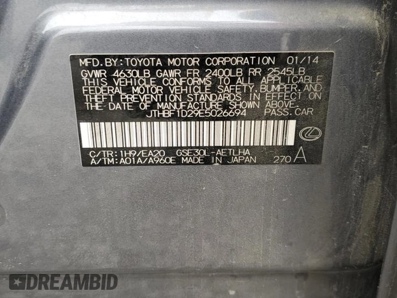 2014 Lexus IS 250 z VIN JTHBF1D29E5026694, wystawiony jako Copart lot #55912075 z przebiegiem 130 508 mil mil oraz Szkoda całkowita • Salvage title. Historia ofert i sprzedaży dostępna na DreamBid. Obrazek 12.