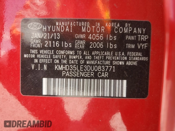 2013 Hyundai Elantra with VIN KMHD35LE3DU083771, listed as a Copart auction lot 60234595 with 145,568 mi miles and Salvage title. Bid and sale history available at DreamBid. Image 12.