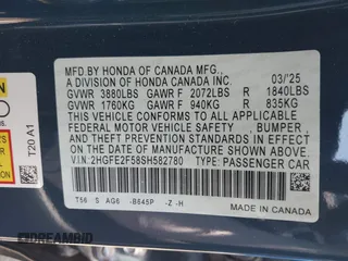 2025 Honda Civic Sport with VIN 2HGFE2F58SH582780, listed as a IAAI auction lot 42360120 with 1,562 mi miles and . Bid and sale history available at DreamBid. Image 9.