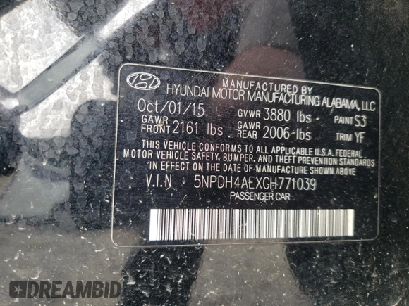 2016 Hyundai Elantra SE with VIN 5NPDH4AEXGH771039, listed as a Copart auction lot 62322335 with Not provided miles and Salvage title. Bid and sale history available at DreamBid. Image 12.