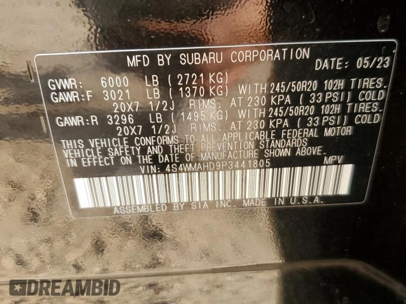 2023 Subaru Ascent Onyx with VIN 4S4WMAHD9P3441805, listed as a Copart auction lot 53752995 with 37,734 mi miles and Salvage title. Bid and sale history available at DreamBid. Image 13.