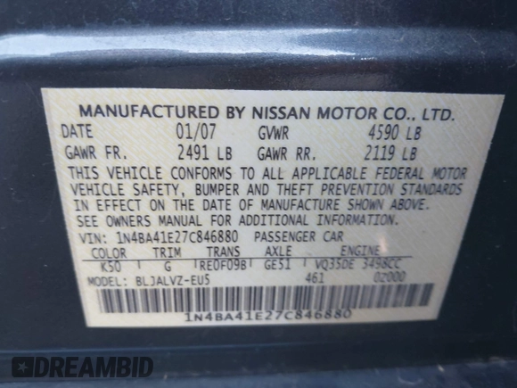 2007 Nissan Maxima SL with VIN 1N4BA41E27C846880, listed as a IAAI auction lot 41425571 with 146,784 mi miles and . Bid and sale history available at DreamBid. Image 9.