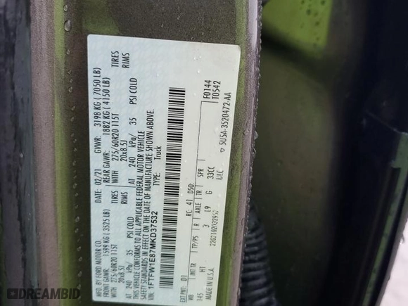 2021 Ford F-150 XL with VIN 1FTFW1E87MKD37532, listed as a Copart auction lot 50221445 with 67,011 mi miles and Salvage Title. Bid and sale history available at carsss.com. Image 13.