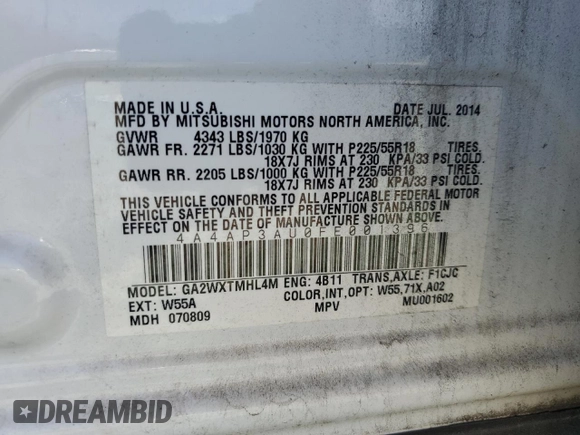 2015 Mitsubishi Outlander Sport ES with VIN 4A4AP3AU0FE001396, listed as a Copart auction lot 50054825 with 132,803 mi miles and Clean Title. Bid and sale history available at carsss.com. Image 13.