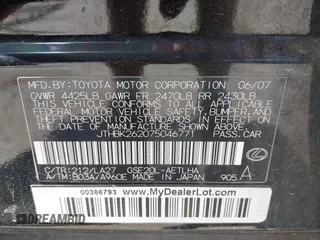 2007 Lexus IS 250 with VIN JTHBK262075046771, listed as a IAAI auction lot 42094243 with 225,879 mi miles and . Bid and sale history available at DreamBid. Image 9.
