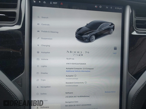 2018 Tesla Model S 75D with VIN 5YJSA1E22JF282828, listed as a IAAI auction lot 41595543 with 72,571 mi miles and . Bid and sale history available at DreamBid. Image 7.