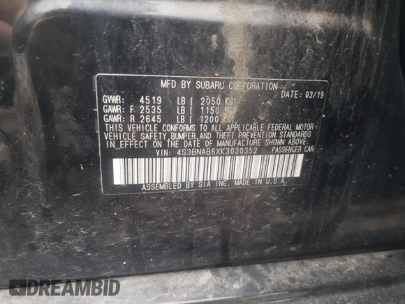 2019 Subaru Legacy with VIN 4S3BNAB6XK3030352, listed as a Copart auction lot 64099622 with 85,721 mi miles. Bid and sale history available at carsss.com. Image 10.