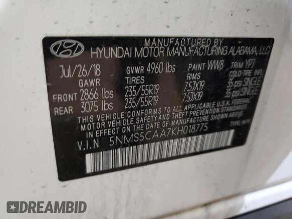 2019 Hyundai Santa Fe Ultimate with VIN 5NMS5CAA7KH018775, listed as a Copart auction lot 48973765 with 84,097 mi miles and Salvage Title. Bid and sale history available at carsss.com. Image 13.