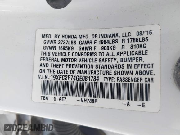 2016 Honda Civic EX with VIN 19XFC2F74GE081734, listed as a IAAI auction lot 42157310 with 152,475 mi miles and . Bid and sale history available at DreamBid. Image 9.