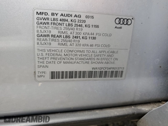 2015 Audi Q3 Prestige with VIN WA1GFCFS4FR013713, listed as a Copart auction lot 56040365 with 68,213 mi miles and Clean title. Bid and sale history available at DreamBid. Image 13.